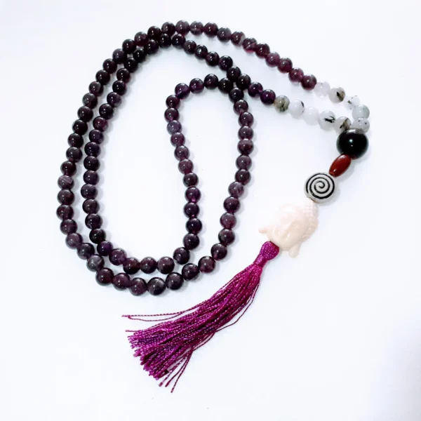 Japa Mala Buda Ametista e Quartzo com Turmalina