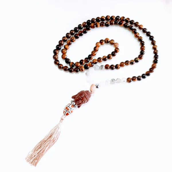 Japa Mala Buda Olho Tigre e Quartzo com Turmalina