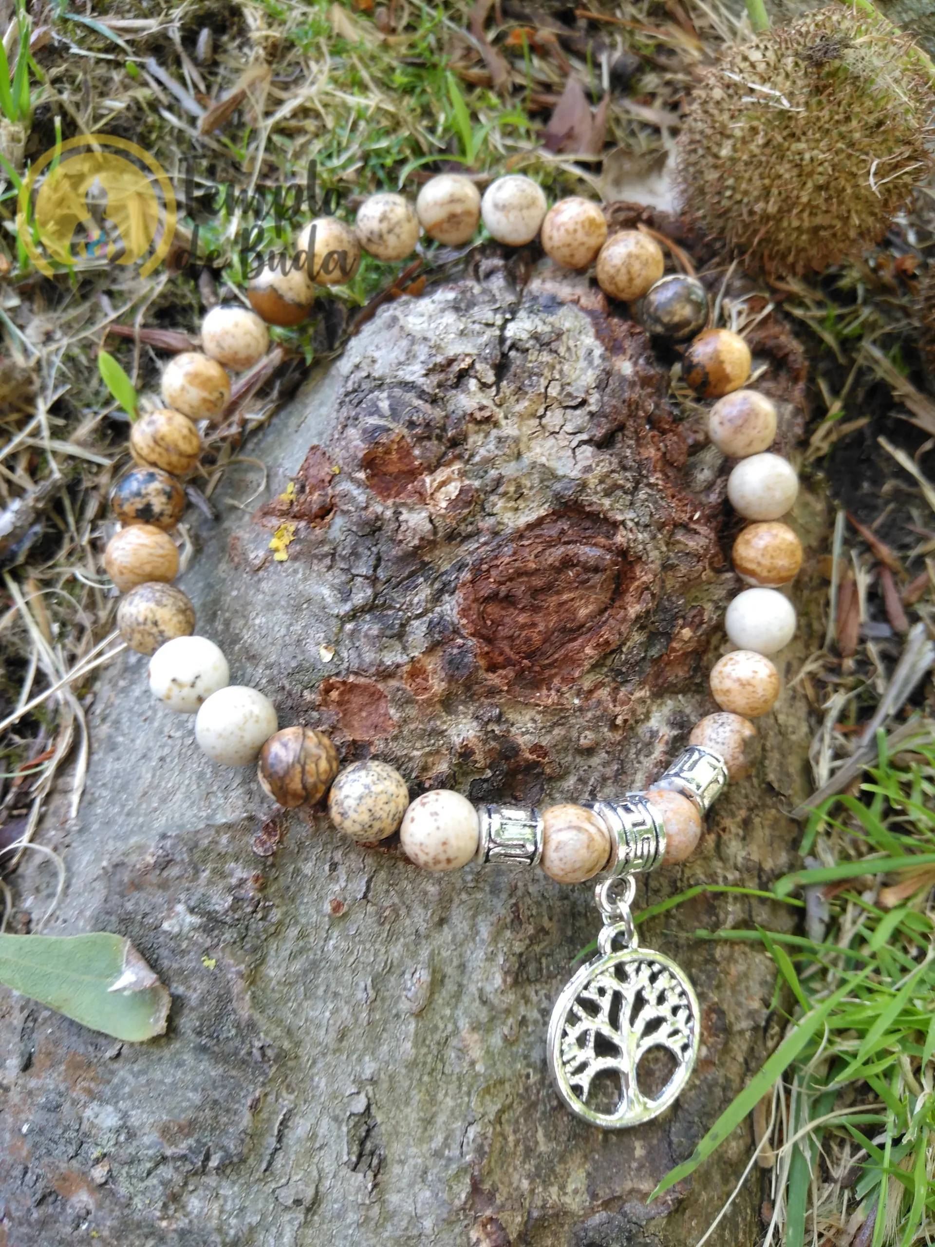 Pulseira Jaspe Madeira ou Imagem com Árvore da Vida