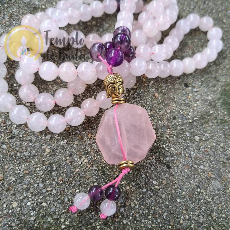 JapaMala Quartzo Rosa e Ametista Buda