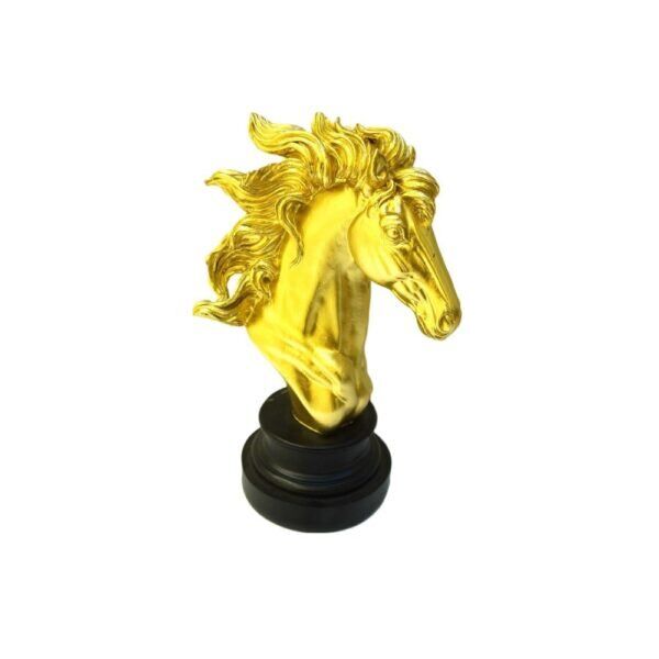 Estátua Cabeça de Cavalo Dourado em Base Preta