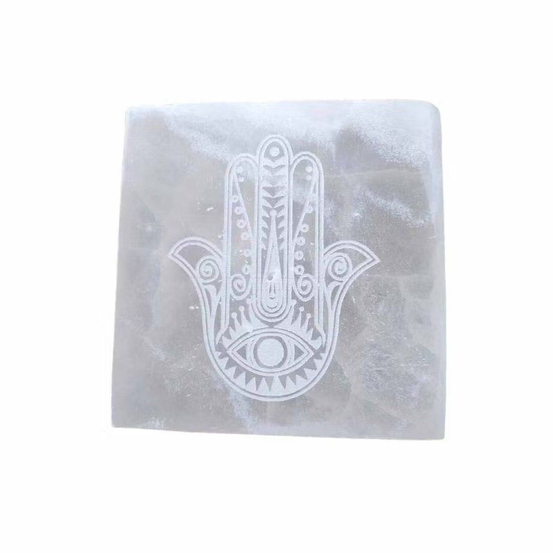 Porta Incenso Selenite Mão de Fátima Quadrado