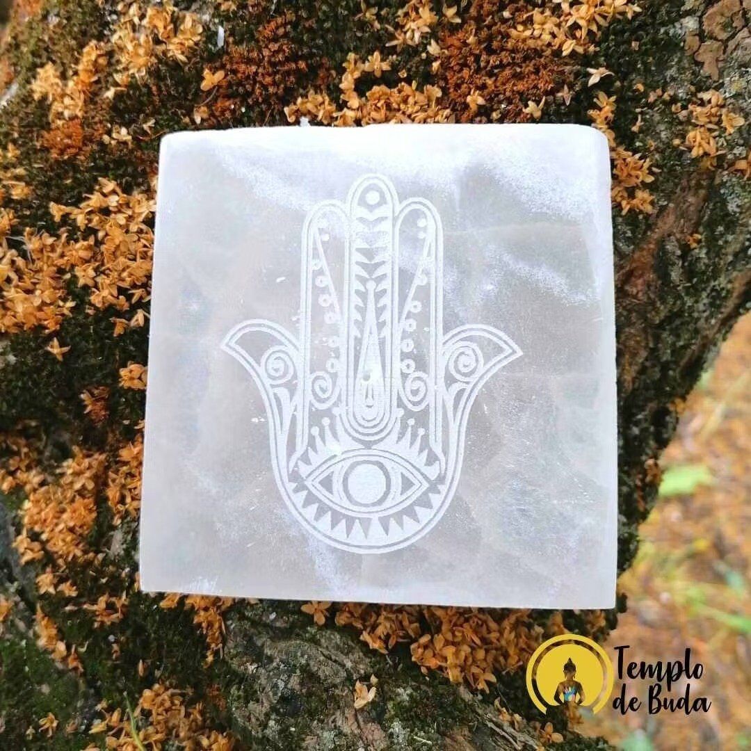 Porta Incenso Selenite Mão de Fátima Quadrado