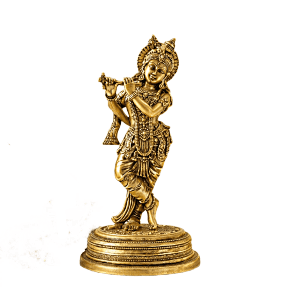 Estátua Lord Krishna em Metal Dourado