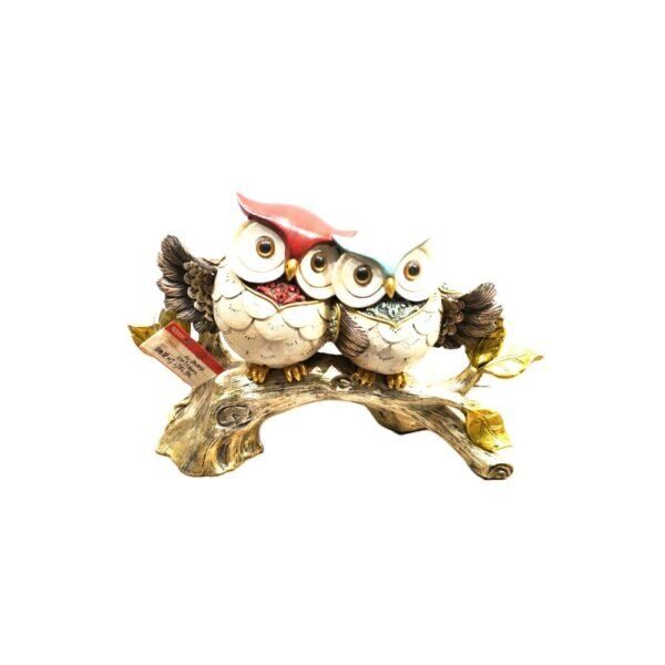 Estátua Duas Corujas Coloridas no Galho Natural