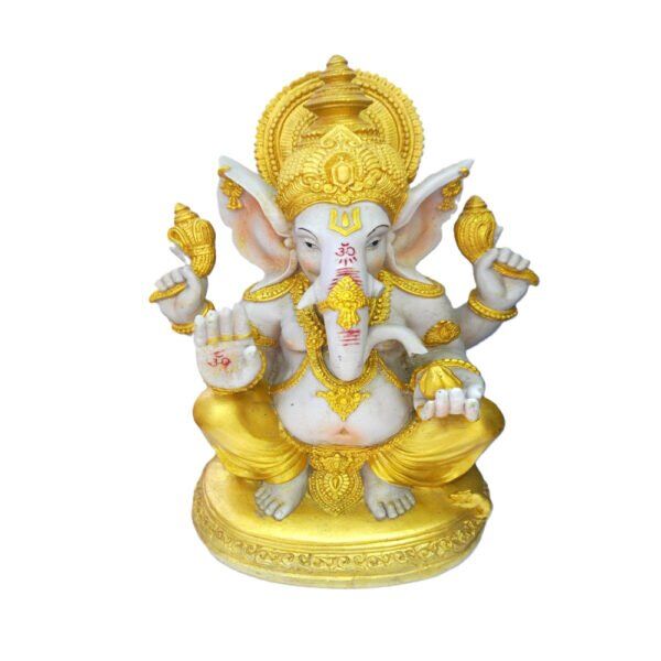 Estátua Ganesha Branco e Ouro Tradicional