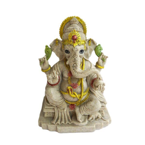 Estátua Ganesha em Pedra Areia com Detalhes Coloridos