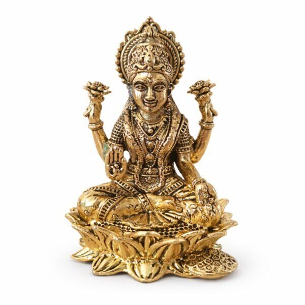Estátua Lakshmi Flor de Lótus em Metal Dourado Modelo 4
