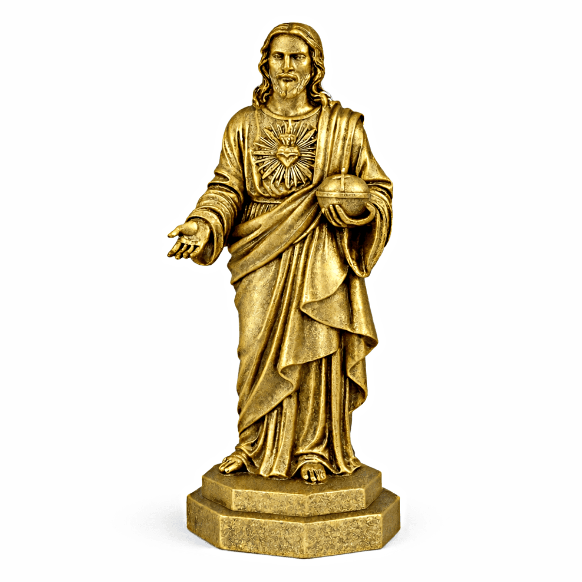 Estátua Jesus Cristo Sagrado Coração em Metal Dourado